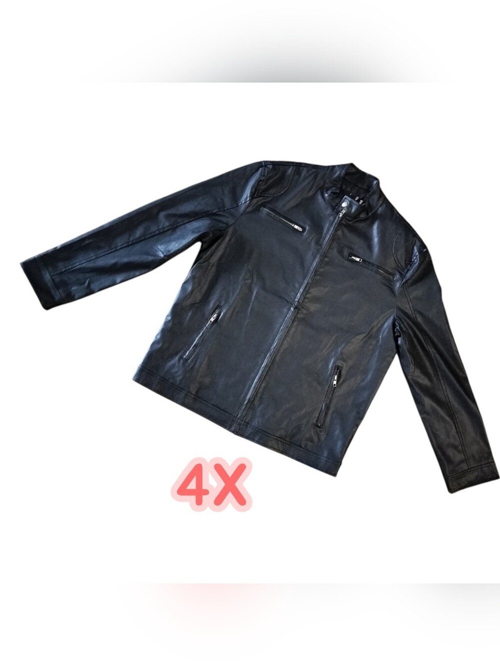 Men's Black Faux Leather Moto Jacket – Full Zip Motorcycle Style Jacket Size 4X
